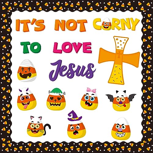Yopyame 110PCS It’s Not Corny to Love Jesus Christian Bulletin Board Set Halloween Candy Corn Cross Name Tag Border Trim Cutout Halloween Faith Religious Classroom Sunday School Chalkboard Wall Decor - style: B-Halloween Candy Set