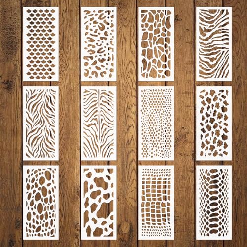 ORIGACH Animal Texture Stencils for Painting on Wood Wall, 12 Pcs Reusable Pattern Layering Stencils Templates for Painting on Wood, Wall, Canvas & Furniture, 9.84 x 4.7 inch - style: Animal Texture