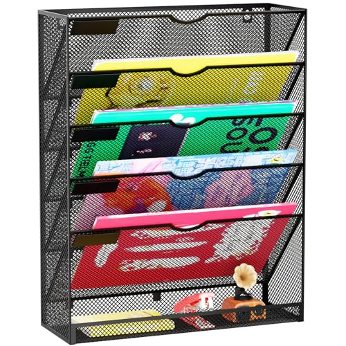 Hanging Wall File Organizer 6 Tier Wall Mounted Mail Paper Folder Holder Document Organization Stand, Vertical Desk Magazine Rack for Office Home Cubicle Countertop, Black - color: Black, size: 6 Tier Ver.B