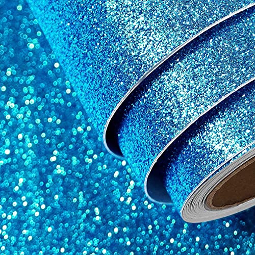 FunStick 16"x240" Ocean Blue Glitter Wallpaper Peel and Stick Sparkle Blue Wallpaper Roll Self Adhesive Blue Glitter Contact Paper Fabric Glitters Removable Wall Paper for Bedroom Cabinet Shelf Decor - color: Ocean Blue, size: 15.8" x 240"
