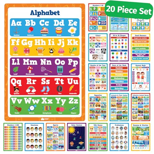 Toddler Learning Posters - 20pc Classroom Educational Posters for Toddlers 1-3, Preschoolers - 16” x 11” Classroom Decor Teacher Must Haves Supplies Essentials - Preschool Learning Activities - color: 20pc Classroom Education Posters Set
