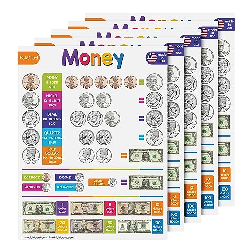 FoldCard U.S. Money Chart Educational Poster 8.5x11 5pk | Glossy cardstock; bright classroom decorations; preschool-grade 1 learning aid for kids & school supplies - color: U.S. Money