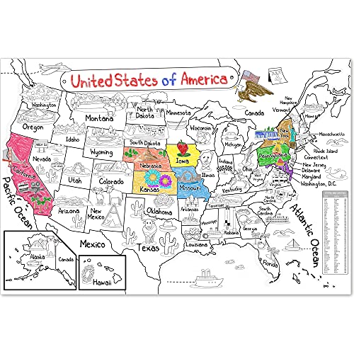 Dekali Designs US Map Coloring Poster - 52x35 Inches Giant Picture to Color for Kids to Learn US States and Capitals (Folded)