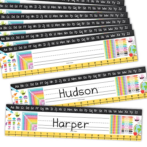 Hadley Designs Desk Name Tags for Classroom –25 Student Name Tags for Desks, 13x3 Name Plates for Classroom Decor, Teacher Supplies, Colorful Nametags, 1st-3rd Grade Kindergarten Preschool Must Haves - color: Doodle Colorful