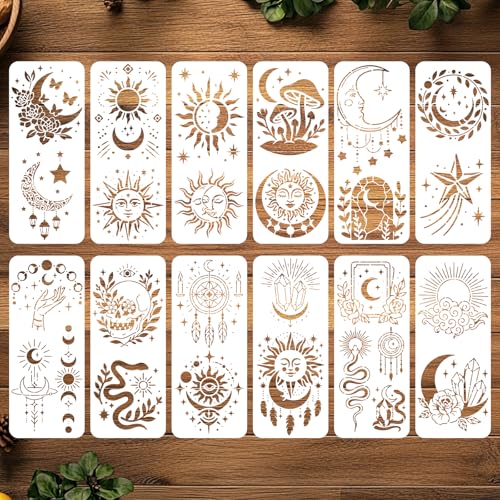 ORIGACH 12 pcs Tarot Card Reading Stencil Sun Star Moon 26 Patterns Plastic Reusable Stencil Magic Templates for Drawing Painting on Wall Fabric Furniture - style: Tarot Card