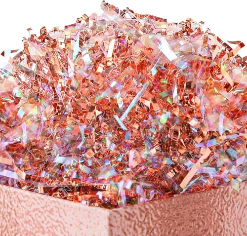 PAPER FAIR Metallic Iridescent Rose Gold Crinkle Cut Paper Shredded Filler, 5OZ Rosy Pink Gold Grass Raffia Tissue, Strands Shred Craft Bedding Cushion Paper, for Christmas Wedding Mothers Day Bridesmaid Engagement Gift Boxes Bags Retail Decoration - colo