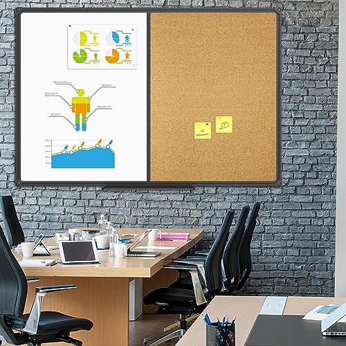 JILoffice White Board & Bulletin Corkboard Combination, Combo Board 48 x 36 Magnetic Whiteboard, Black Aluminum Frame Wall Mounted Board for Office Home and School with 10 Push Pins - size: 48"x36"-Black, style: vertical
