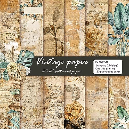 YASMEN Vintage Scrapbook Paper Pad, 12x12 Single-Sided Cardstock Paper Pads for Card Making, Journals, Planner, DIY Envelopes, Greeting Cards,Gift Card, Decorative Art Craft -24 Sheets - color: Vintage Paper - 12×12