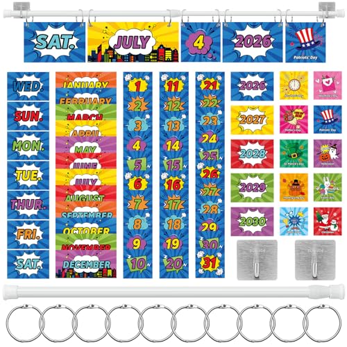 MotiMind 65 Pcs 2026 Hero Theme Flip Calendar Bulletin Board Set Flip Calendar with Adjustable Holder Colorful Classroom Decor Include 65 Date Card for Back to School Home Decor Supplies - style: Hero Theme
