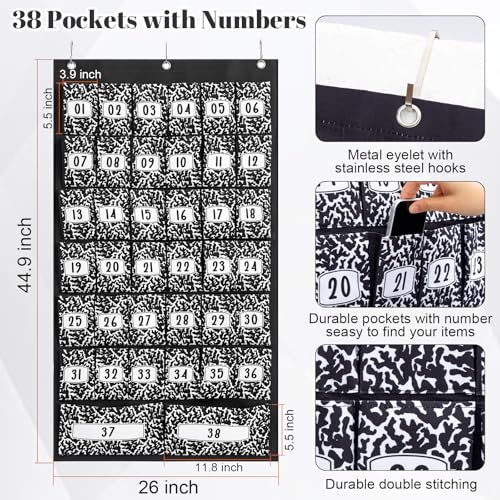 Colarr 38 Composition Book Classroom Pocket Chart Organizer with Numbers Oxford Fabric Cell Phones Calculator Holder for Classroom Pocket Organizer Hanging Chart with Numbered Slots and 4 Hooks - style: Composition Book