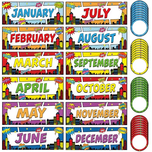 Zonon 48 Pcs Months of The Year Bulletin Board Set 12 Classroom Holiday Monthly Headliners with 36 Confetti Cutouts Seasonal Monthly Bulletin Board Borders Decoration for Classroom(Hero Style) - style: Hero Style