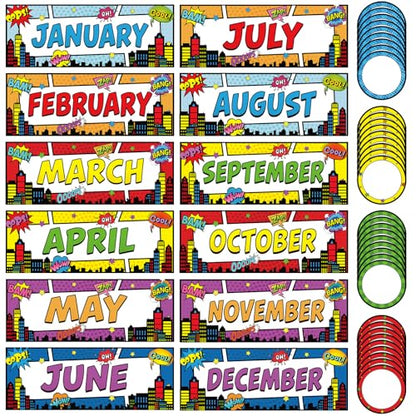 Zonon 48 Pcs Months of The Year Bulletin Board Set 12 Classroom Holiday Monthly Headliners with 36 Confetti Cutouts Seasonal Monthly Bulletin Board Borders Decoration for Classroom(Hero Style) - style: Hero Style