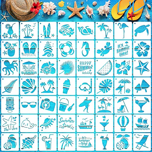Augshy Beach Stencils, 56 Pack Summer Beach Wood Hawaiian Ocean Life Stencils for Scrapbooking Drawing Wall Floor Decor DIY Rock Painting Art Projects (3 Inch) - style: Hawaii