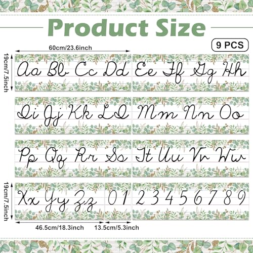Set of 9 Cursive Writing Bulletin Board Cursive Alphabet Wall Strip for Teacher Supplies, Classroom Teaching Tool, Homeschooling, Kids Education (Eucalyptus) - style: Eucalyptus