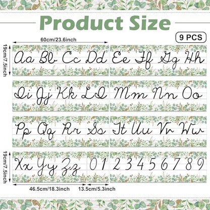 Set of 9 Cursive Writing Bulletin Board Cursive Alphabet Wall Strip for Teacher Supplies, Classroom Teaching Tool, Homeschooling, Kids Education (Eucalyptus) - style: Eucalyptus