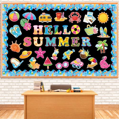 71 Pcs Hello Summer Bulletin Board Set Hawaiian Beach Slippers Sun DIY Borders Bulletin Trim Home School Hawaiian Tropical Party Supplies for Back to School Classroom Chalkboard Wall Door Decor - style: Coastal