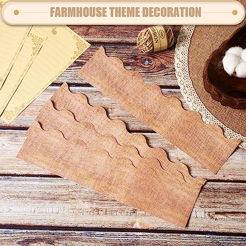 72 Feet Burlap Bulletin Board Border Brown Burlap Scalloped Borders Trim Rustic Die-Cut Bulletin Board Stripes Farmhouse Classroom Border Decorations for Fall Back to School Office Party Decor - style: Burlap Pattern