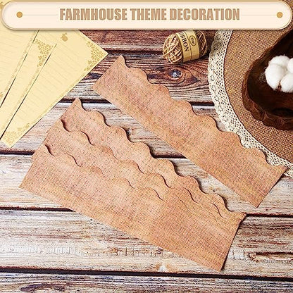 72 Feet Burlap Bulletin Board Border Brown Burlap Scalloped Borders Trim Rustic Die-Cut Bulletin Board Stripes Farmhouse Classroom Border Decorations for Fall Back to School Office Party Decor - style: Burlap Pattern