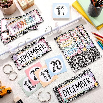 Tenare 115 Pcs Composition Notebook Classroom Calendar Set Composition Flip Calendar with 54 Date Cards 50 Festival Stickers Adjustable Rod Holder with O-rings for Classroom Back to School Supplies - style: Composition Notebook