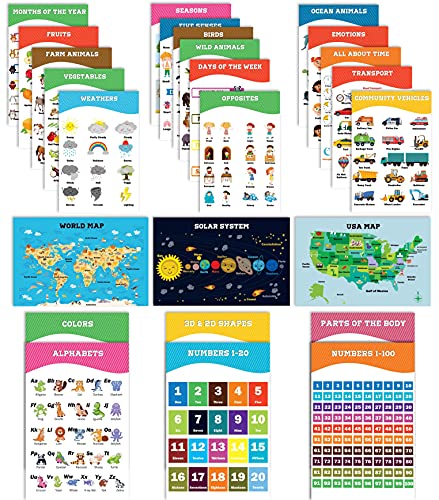 Traceease Educational Poster for Elementary School, Pack of 25 Laminated Kids Learning Posters USA & World Maps- Solar System- Math & More - Great for Classroom/Homeschool- Room Décor-KB - size: 8.5 x 11 inches