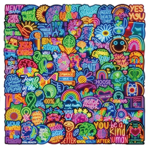 120PCS Neon Mental Health Stickers Gifts for Teens Adults, Mental Health Matters Awareness Items Waterproof Vinyl Decals for Laptops Water Bottles Helmet Doctor Reward Stickers Therapist Office Decor - style: Neon-Mental Health