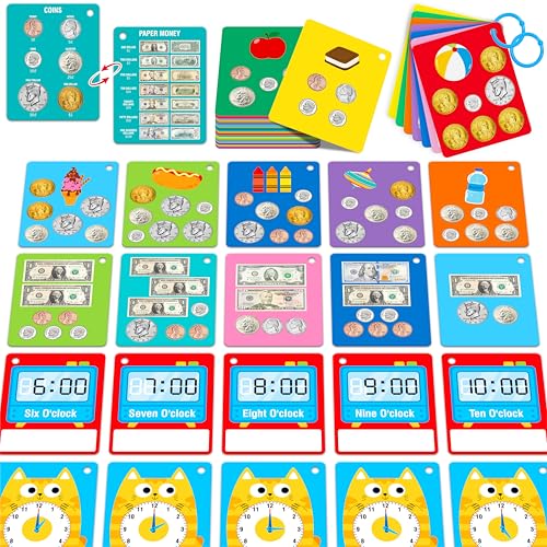 52 PCS Time & Money Flashcards, Double Sided Cognition Cards-Coin Value, Coin Combinations, Counting Coins, Telling Time, Reading Clocks, Learning Tool for Kids Ages 6+ Kindergarten Toddlers - style: Time & Money