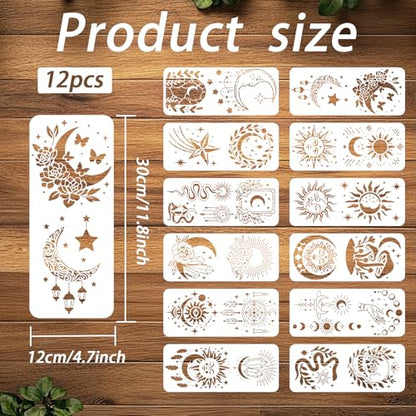 ORIGACH 12 pcs Tarot Card Reading Stencil Sun Star Moon 26 Patterns Plastic Reusable Stencil Magic Templates for Drawing Painting on Wall Fabric Furniture - style: Tarot Card