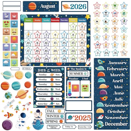 122pcs Outer Space Classroom Calendar Bulletin Board Decorations with Seasons Weather Festivals School Year Calendar for Back to School Elementary Classroom Must Haves