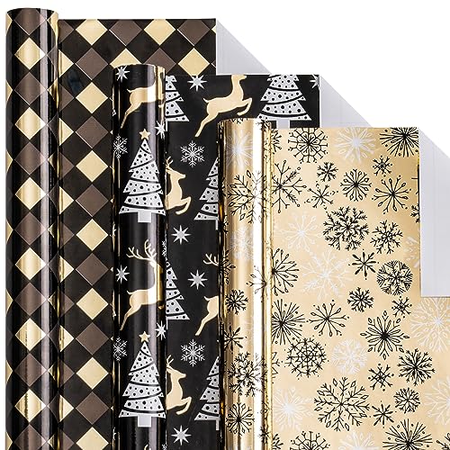 LeZakaa Black Gold Christmas Wrapping Paper Mini Roll, Reindeer Snowflake Tree Grid Metallic Foil Holiday Gift Wrap, DIY Craft, for Xmas Winter Party, 17 x 120 inches, 3 Rolls - color: Reindeer, Snowflake, Grid