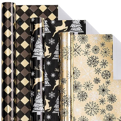 LeZakaa Black Gold Christmas Wrapping Paper Mini Roll, Reindeer Snowflake Tree Grid Metallic Foil Holiday Gift Wrap, DIY Craft, for Xmas Winter Party, 17 x 120 inches, 3 Rolls - color: Reindeer, Snowflake, Grid