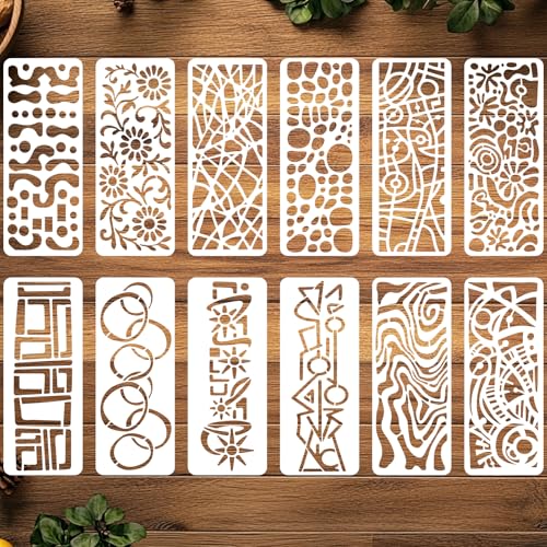 ORIGACH Abstract Geometric Stencils for Crafts, 12 Pcs Reusable Curve Lines Plant Texture Pattern Layering Templates for Painting on Wood, Wall, Canvas & Furniture, 11.8 x 4.7 inch - style: Abstract Geometric