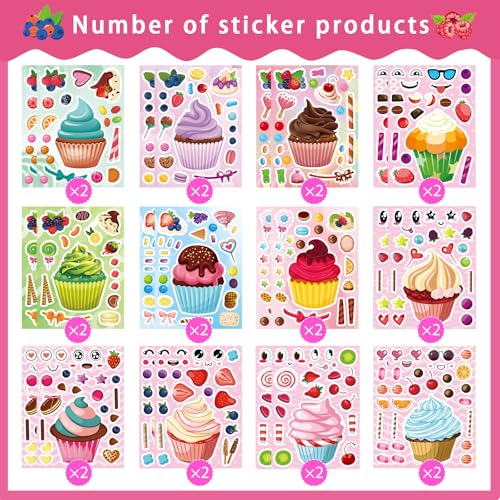 24 Sheets Make Your Own Cupcake Stickers for Kids - Make-a-Face Sticker, Dessert Stickers Mix and Match Sweets Fruit & Teacher Reward Supplies, Birthday Gifts - style: Cupcake
