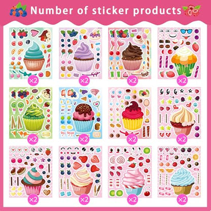24 Sheets Make Your Own Cupcake Stickers for Kids - Make-a-Face Sticker, Dessert Stickers Mix and Match Sweets Fruit & Teacher Reward Supplies, Birthday Gifts - style: Cupcake