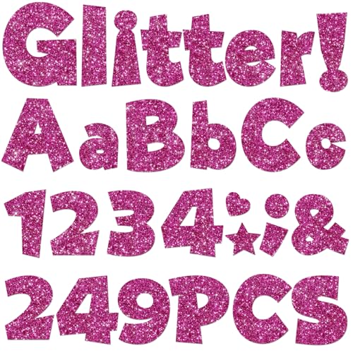 249 Pcs Glitter Bulletin Board Letters Numbers and Punctuation, 4 Inch Alphabet Poster Board Cardboard Letter Cutouts with Adhesive Dots for Classroom Bulletin Board School Decorations (Hot Pink) - color: Hot Pink