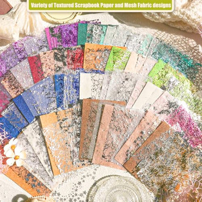 Aromoty 128 sheets Textured Scrapbook Paper&Gold Foil Mesh Fabric set-Mulberry Special Paper 8 Pack Mix for Scrapbooking Junk Journaling Supplies Card Craft Planner DIY Materials Collage,3.9x5.5 Inch