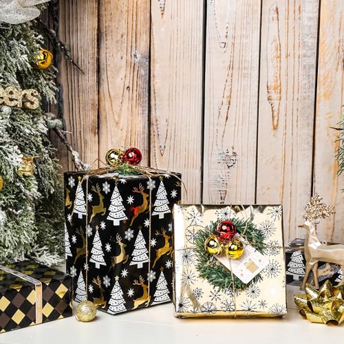 LeZakaa Black Gold Christmas Wrapping Paper Mini Roll, Reindeer Snowflake Tree Grid Metallic Foil Holiday Gift Wrap, DIY Craft, for Xmas Winter Party, 17 x 120 inches, 3 Rolls - color: Reindeer, Snowflake, Grid