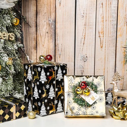 LeZakaa Black Gold Christmas Wrapping Paper Mini Roll, Reindeer Snowflake Tree Grid Metallic Foil Holiday Gift Wrap, DIY Craft, for Xmas Winter Party, 17 x 120 inches, 3 Rolls - color: Reindeer, Snowflake, Grid