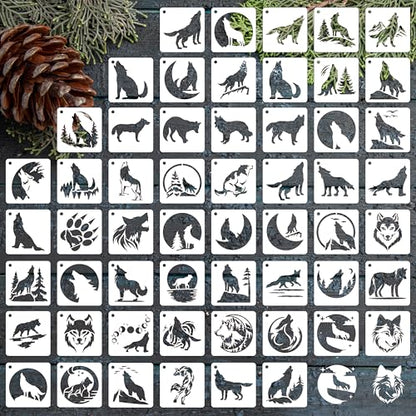 Wolf Stencils for Painting, 56PCS 3" Plastic Stencils for Crafts Reusable, Wildlife & Forest Scene Patterns, for Canvas Art, Wood Signs, Journal, Fabric Painting, Wall Decor & DIY Gift Projects - style: Wolf