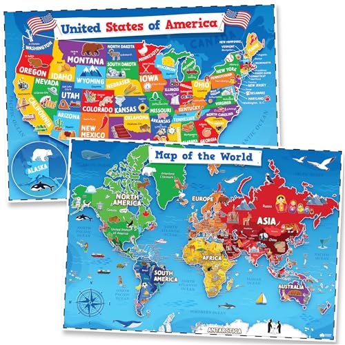 Momo & Nashi United States Map For Kids & World Maps For Kids 2pc Set - 24” x 16” Waterproof Classroom Posters - Childs World Map - Teacher Classroom Must Haves - Homeschool Teacher School Supplies - color: USA & World Map Posters