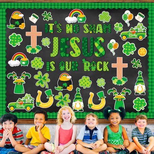 gisgfim St. Patrick's Day Jesus Bulletin Board Decorations Jesus is Our Rock Bulletin Board Set Happy St.Patrick Luck Shamrock Clover Cutouts Borders Decor for Irish Classroom Home Wall(St. Patrick's) - style: St. Patrick's Day Jesus