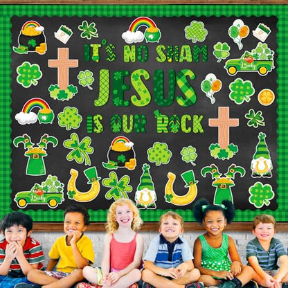 gisgfim St. Patrick's Day Jesus Bulletin Board Decorations Jesus is Our Rock Bulletin Board Set Happy St.Patrick Luck Shamrock Clover Cutouts Borders Decor for Irish Classroom Home Wall(St. Patrick's) - style: St. Patrick's Day Jesus