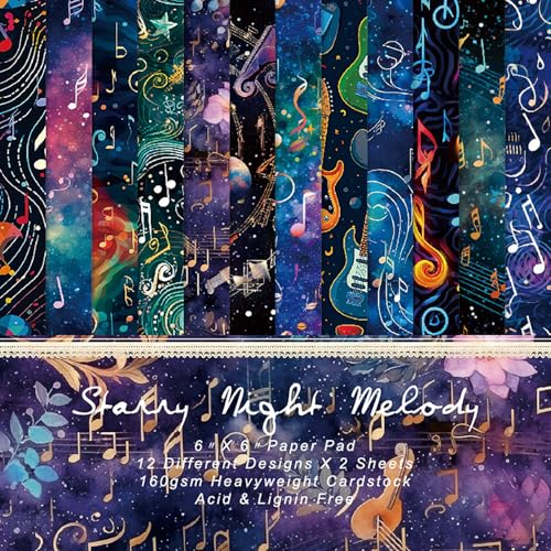 Cosmic Galaxy Scrapbook Paper Pad, 6 x 6 Inch Musical Note & Guitar 160gsm Cardstock for Scrapbooking, 24 Sheets Watercolor Starry Night Paper for Junk Journaling, Card Making - color: 21011A - 6×6