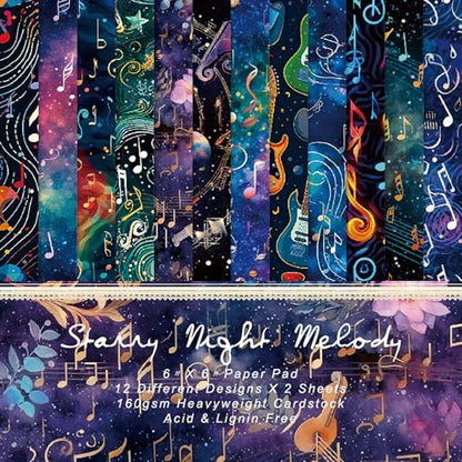 Cosmic Galaxy Scrapbook Paper Pad, 6 x 6 Inch Musical Note & Guitar 160gsm Cardstock for Scrapbooking, 24 Sheets Watercolor Starry Night Paper for Junk Journaling, Card Making - color: 21011A - 6×6