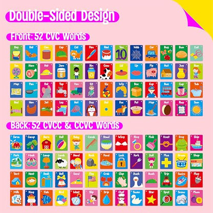 52 PCS Word Flashcards, 52 CVC Words & 52 CVCC, CCVC Words Double-Sided Cards with 2 Rings, Vocabulary Phonics Learning, Educational Tool for Preschool, Kindergarten, Toddlers - style: CVC,CVCC,CCVC Words