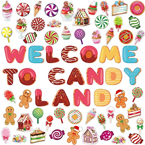 Marspark 68 Pcs Candy Land Decoration Christmas Bulletin Border Decoration Welcome to Candy Land Decor Donut Peppermint Round Gingerbread Man House Cutouts for Classroom Wall Decor - color: Dessert