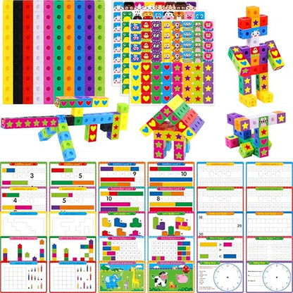 Math Linking Cubes, 100 Math Cube Manipulatives with 30 Learning Activities plus 192 Reusable Stickers, Number Counting Blocks Snap Linking Math Counters, Fun & Educational Pre-K Counting Blocks - style: counting & sticking activity