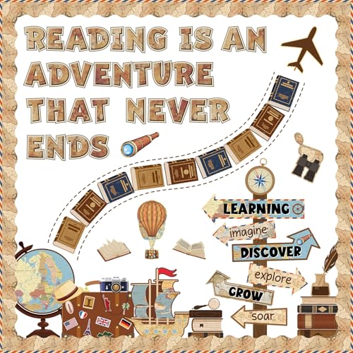 Reading Travel Bulletin Board Decorations Set Vintage Reading is an Adventure Bulletin Board Classroom Decorations Motivational Signpost Paper Cutouts for Back to School Library Chalkboard Wall Decor - style: Vintage Travel