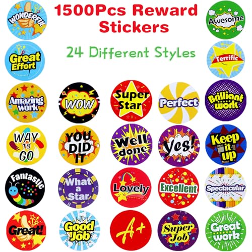1500Pcs Stickers for Kids Classroom, 24 Design Styles Teacher Students Reward Stickers for School Classroom Supplies - size: 1500Pcs