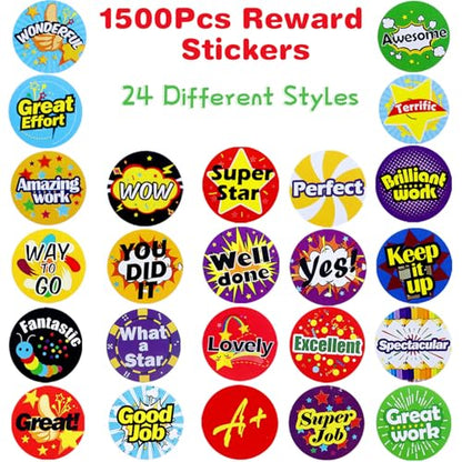 1500Pcs Stickers for Kids Classroom, 24 Design Styles Teacher Students Reward Stickers for School Classroom Supplies - size: 1500Pcs