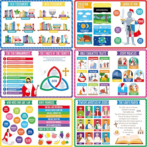 6 Pack Placemats for Kids, Non-Slip Washable Table Mats, Reusable Bible Themed Dining Mat, Educational Placemats for Home, Kindergarten, Classroom, Nursery - style: The Bible